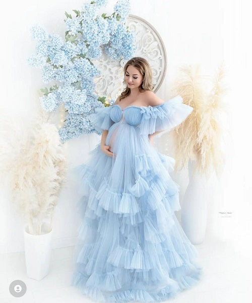 G466, Blue Frilled Maternity Shoot Gown With Inner, Size (All)
