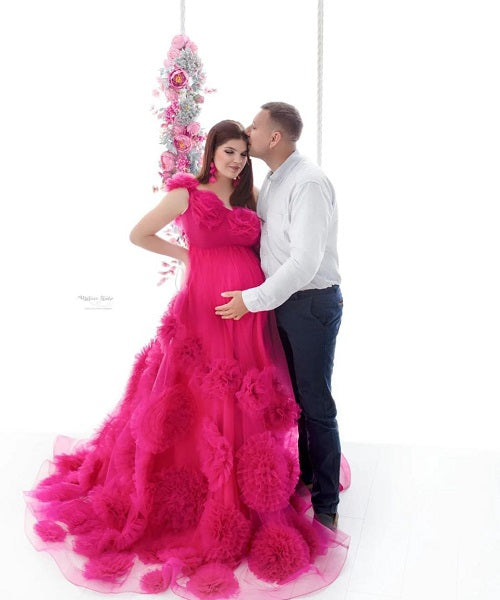 G2003, Hot pink Colour Ruffled Shoot Trail Gown, Size: All, Color: All