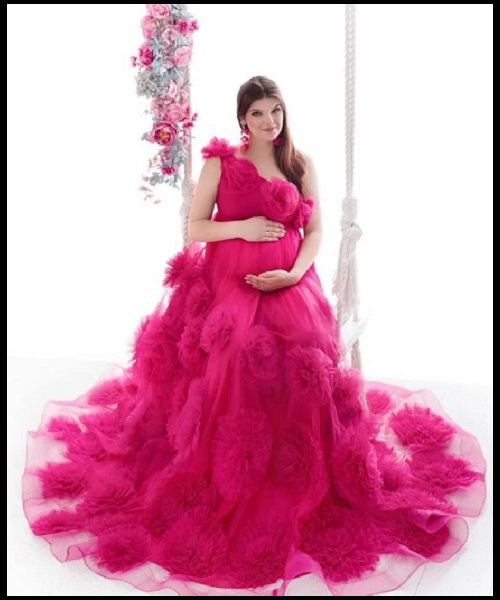 G2003, Hot pink Colour Ruffled Shoot Trail Gown, Size: All, Color: All
