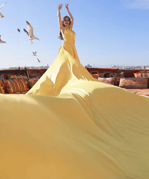 G585, Yellow  Slit Cut  Prewedding Long Trail Georgette Gown, Size: All, Color: All