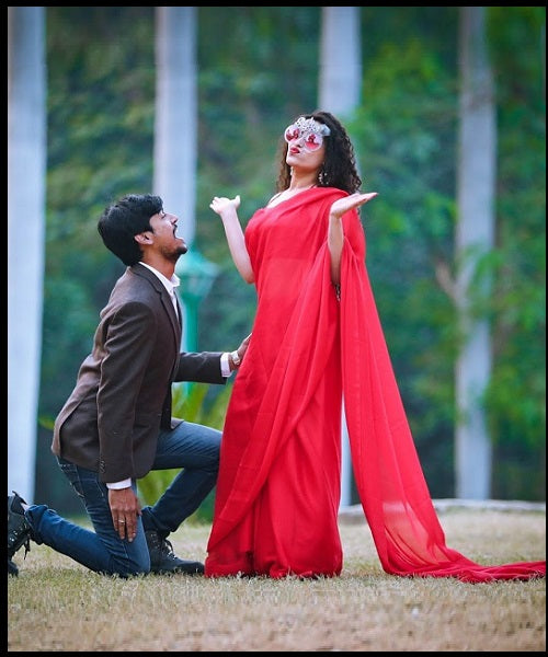 L508, Red Georgette Prewedding Shoot Long Trail  Saree, Size: All, Color: All