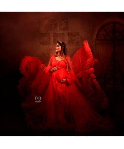 G348, Watermelon Ruffled Maternity Shoot  Gown, Size: All, Color: All