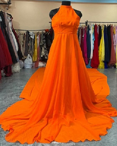 G685, Halter Neck Orange slit cut long trail shoot gown Size: All, Color: All