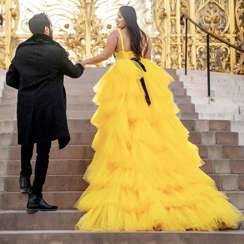 G640, Luxury Yellow Ruffle Long Trail Ball Gown,  Size: All, Color: All