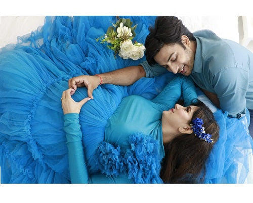 G432, Cyan Blue Frill Maternity Trail Baby Shower Gown, Size: All, Color: All