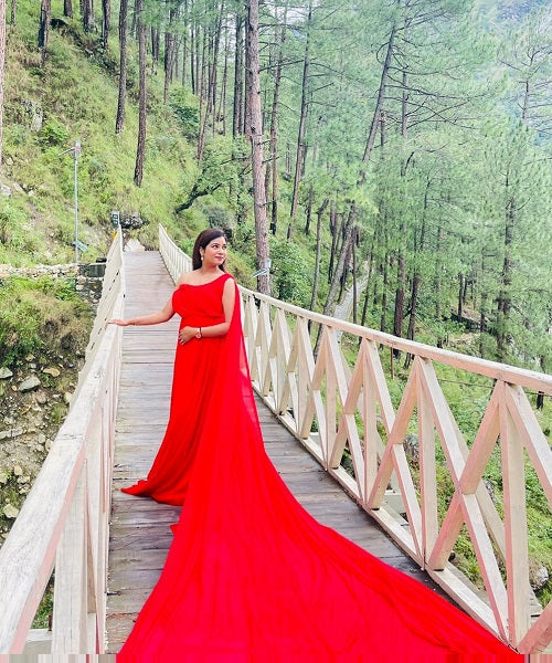 G575, Red One Shoulder Prewedding Shoot Long Trail Gown, Size: All, Color: All