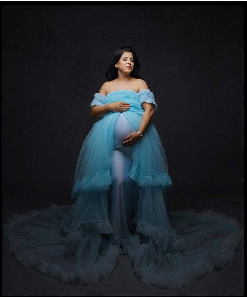 G325, Ice Blue Ruffled Maternity Shoot  Gown, Size: All, Color: All