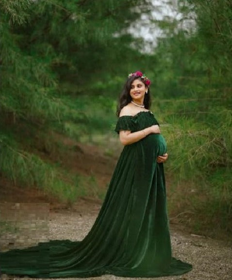 G581, Green Velvet Lycra  shoot Trail Gown, Size: All, Color: All