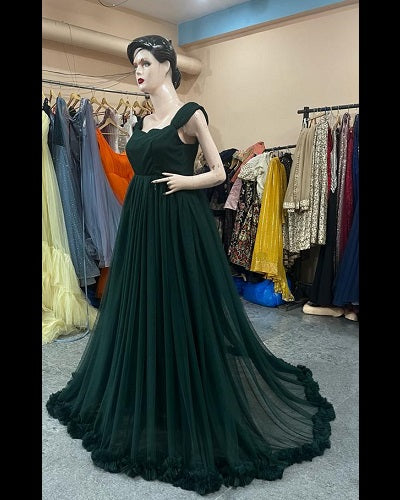 G822, Bottle Green Ruffled Pre Wedding Shoot  Gown, Size: All, Color: All