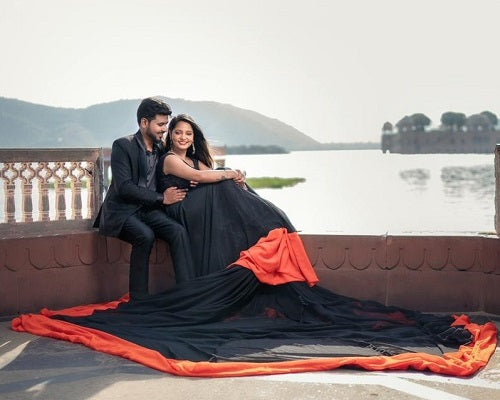 G501, Gerua Black Prewedding Shoot Infinity Long Trail Gown, Size: All, Color: All