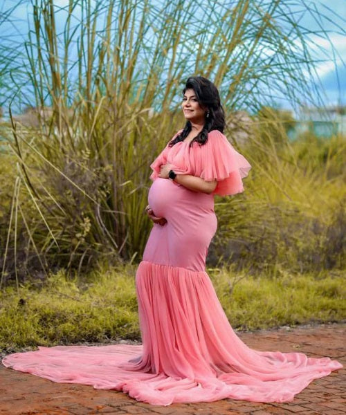 G508 , Peach Maternity Shoot Baby Shower Trail Gown, Size: All, Color: All