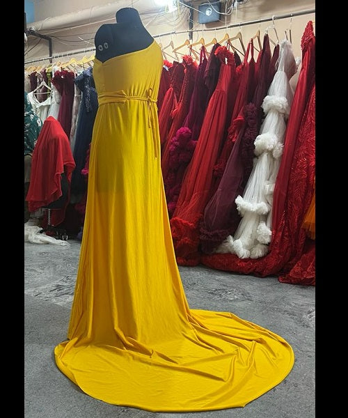 G279 ,Yellow Mustard One Shoulder Maternity Shoot Trail Baby Shower Gown, Size: All, Color: All