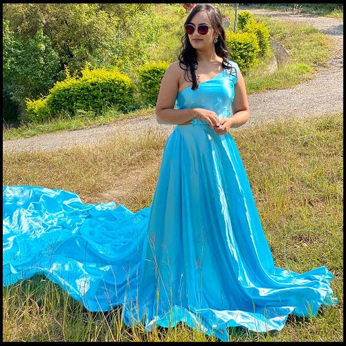 G675, Sky Blue Satin One Shoulder Prewedding Long Trail Gown, Size: All, Color: All