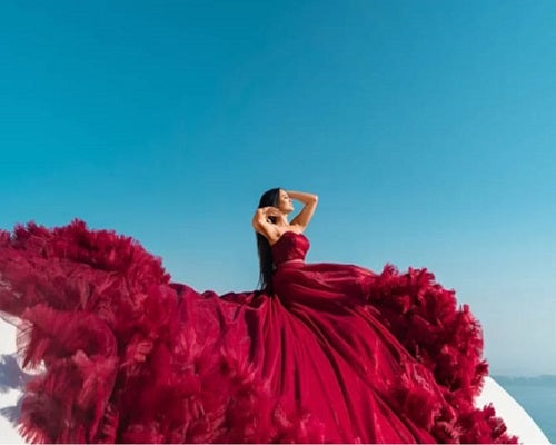 G2032 , Wine Red Tube Top  Ruffled Pre Wedding Shoot Trail Gown Size: All, Color: All