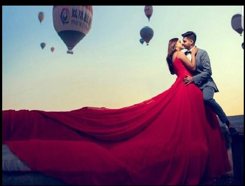 G703, Red Prewedding Shoot Long Trail  Gown,  Size: All, Color: All