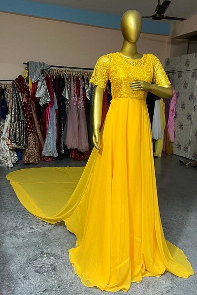 G266, Mustard Yellow Half Sleeves Maternity Gown, Size: All, Color: All