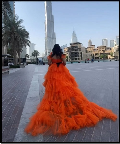 G740, Luxury Orange Infinity Frill Pre Wedding Long Trail  Gown, Size: All, Color: All