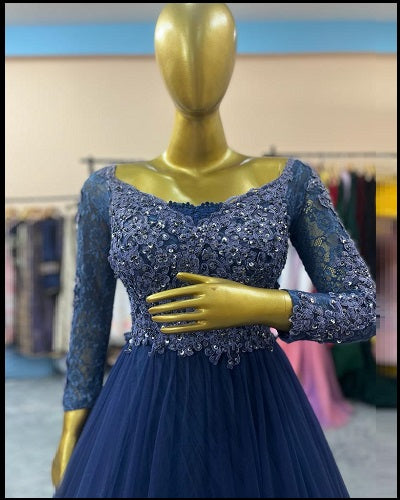 G145, Navy Blue Semi off shoulder Ball  Gown, Size (XS-30 to XL-36)