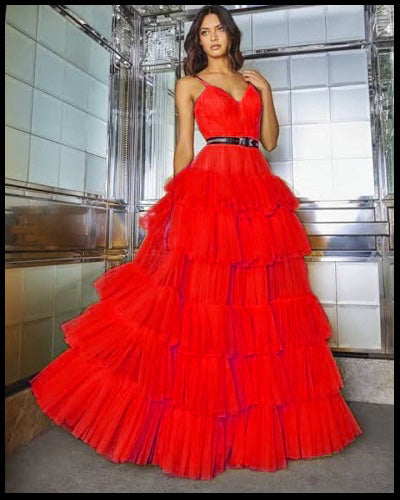 G6403, Luxury Red Ruffle Long Trail Ball Gown Size: All, Color: All