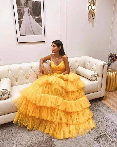 G6402, Luxury Yellow Ruffle Long Trail Ball Gown Size: All, Color: All