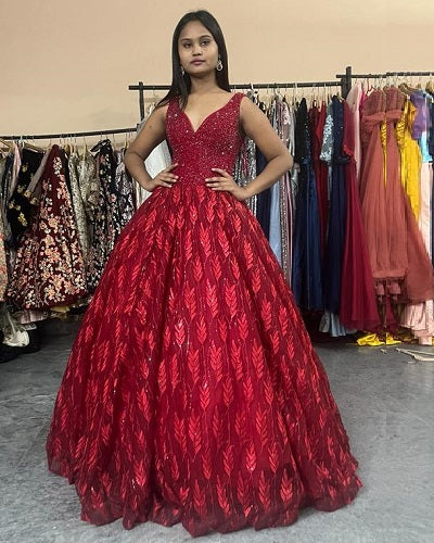 G835,Wine Feather Pre Wedding Ball Gown, Size (XS-30 to L-38)