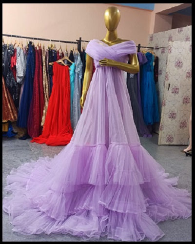 G77,  Lavender Frilled Prewedding  Shoot  Trail Gown, Size: All, Color: All