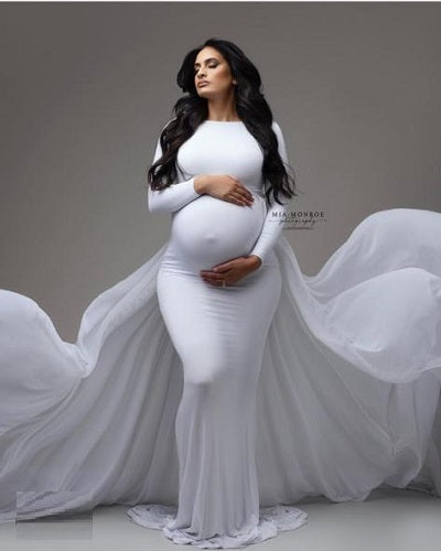 W644, White Trail Lycra Body Fit Maternity Gown, Size: All, Color: All