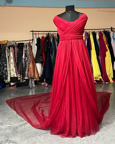 G62, Red Wine Ruffled Prewedding  Shoot Gown, Size: All, Color: All