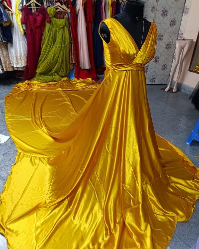 G999, Mustard Yellow Prewedding Long Trail Gown, Size: All, Color: All