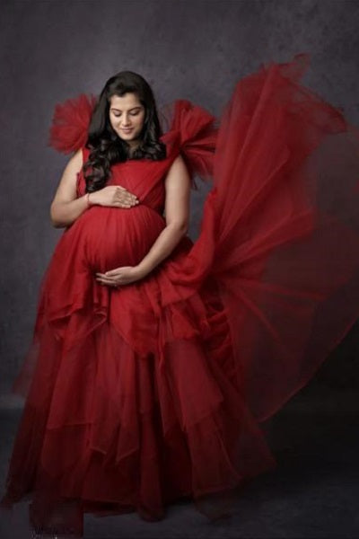 G733,  Red Wine Frilled Maternity Shoot Trail  Gown, Size: All, Color: All