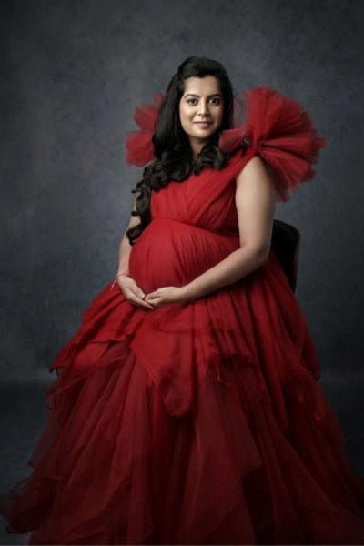 G733,  Red Wine Frilled Maternity Shoot Trail  Gown, Size: All, Color: All