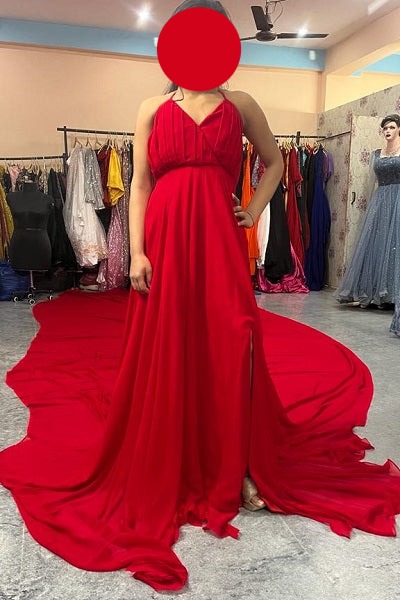 G438, Red Slit Cut Prewedding Long Trail Gown, Size: All, Color: All