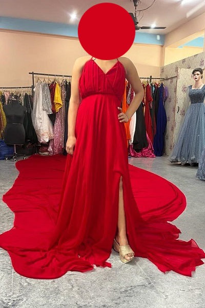 G438, Red Slit Cut Prewedding Long Trail Gown, Size: All, Color: All