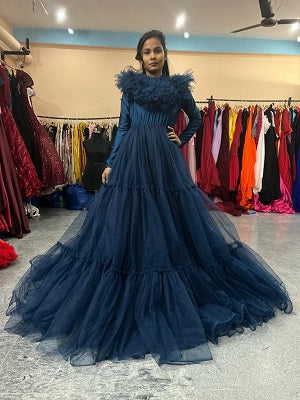 G2026, Navy Blue Frill Prewedding Shoot Trail Gown, Size: All, Color: All
