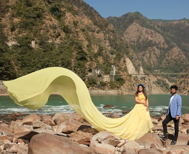 G378, Yellow prewedding Shoot Long Trail Gown, Size: All, Color: All