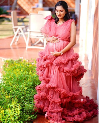 G878, Peach Ruffled Maternity Shoot Gown With Inner, Size: All, Color: All