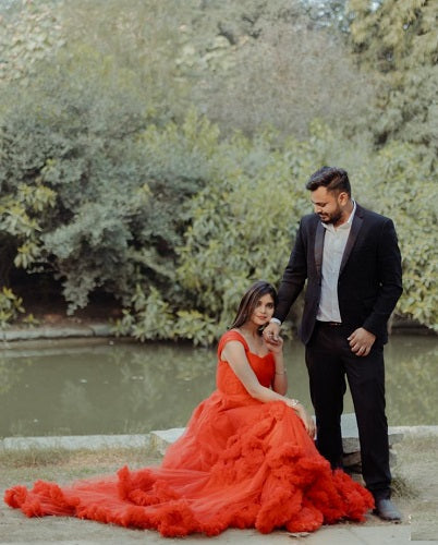 G768, Red Tube Ruffled Pre-wedding Trail Gown Size: All, Color: All