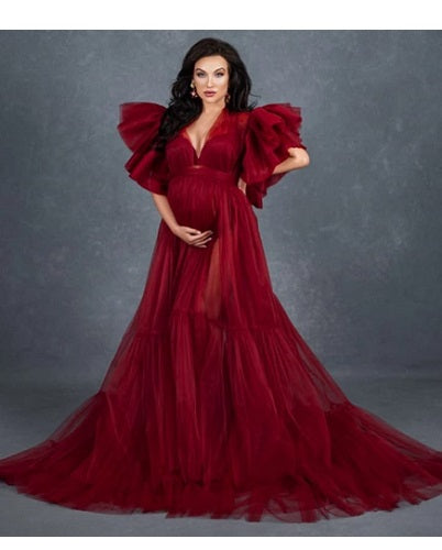 G2048,  Wine Ruffled Maternity Shoot  Gown, Size: All, Color: All