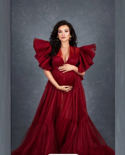 G2048,  Wine Ruffled Maternity Shoot  Gown, Size: All, Color: All