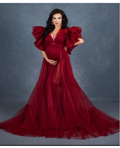 G2048,  Wine Ruffled Maternity Shoot  Gown, Size: All, Color: All