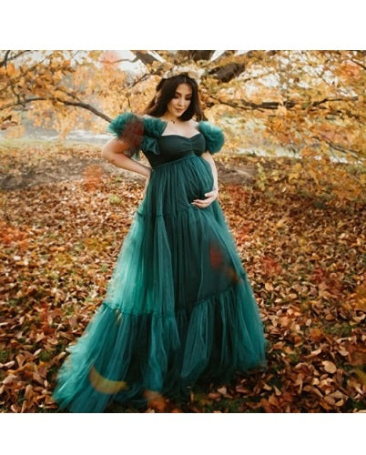 G2049, Bottle Green Ruffled Maternity Shoot Trail Gown: All, Color: All