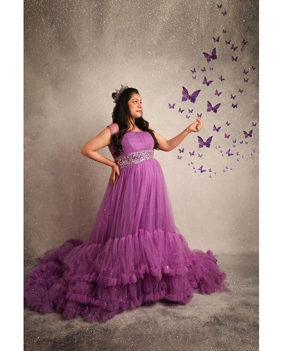 G240, Luxury Purple Ruffled maternity shoot trail gown, Size: All, Color: All