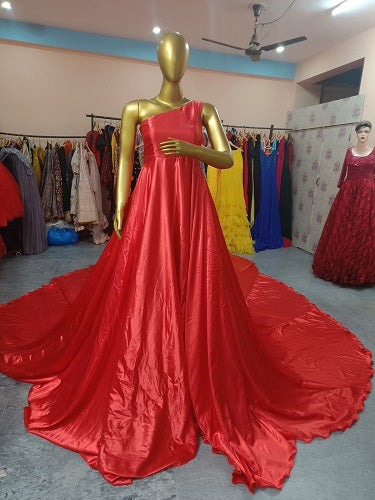 G686, Red Satin One Shoulder slit cut infinity shoot trail gown Size: All, Color: All