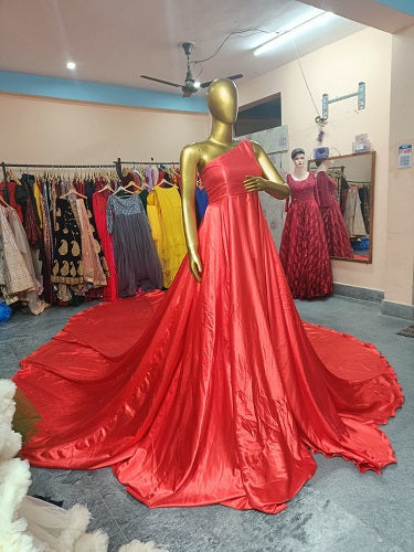 G686, Red Satin One Shoulder slit cut infinity shoot trail gown Size: All, Color: All