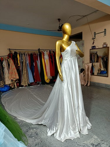 W775, White Satin One Shoulder Long Trail Gown, Size: All, Color: All