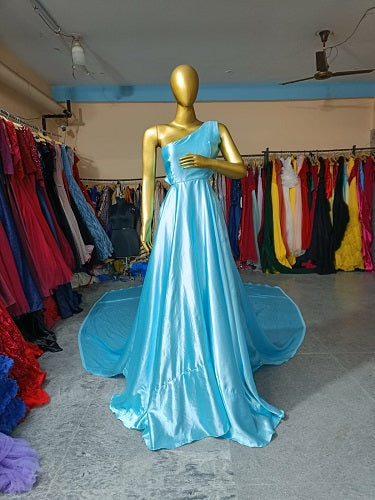 G675, Sky Blue Satin One Shoulder Prewedding Long Trail Gown, Size: All, Color: All