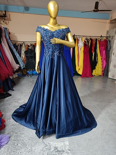 G132, Navy Blue Satin Off Shoulder Trail Ball gown Size: All, Color: All