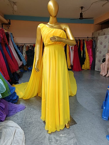 G75 , Yellow One Shoulder Prewedding Shoot Long Trail Gown, Size: All, Color: All