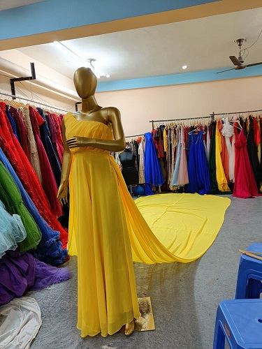 G75 , Yellow One Shoulder Prewedding Shoot Long Trail Gown, Size: All, Color: All