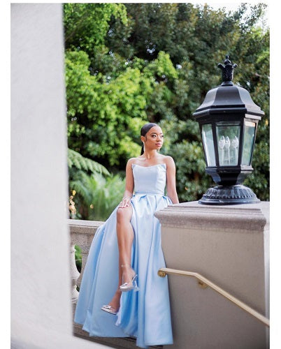 G1076, Greyish Blue satin slit cut gown , Size: All, Color: All
